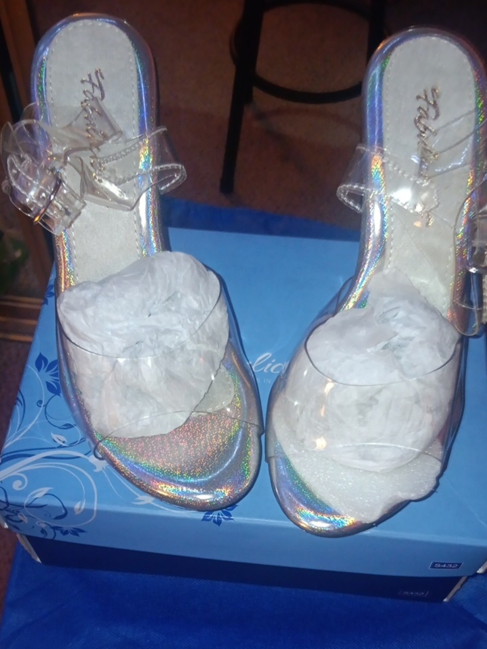 Iridescent Clear Bow Slip-On Heels for Women - Holographic Silver